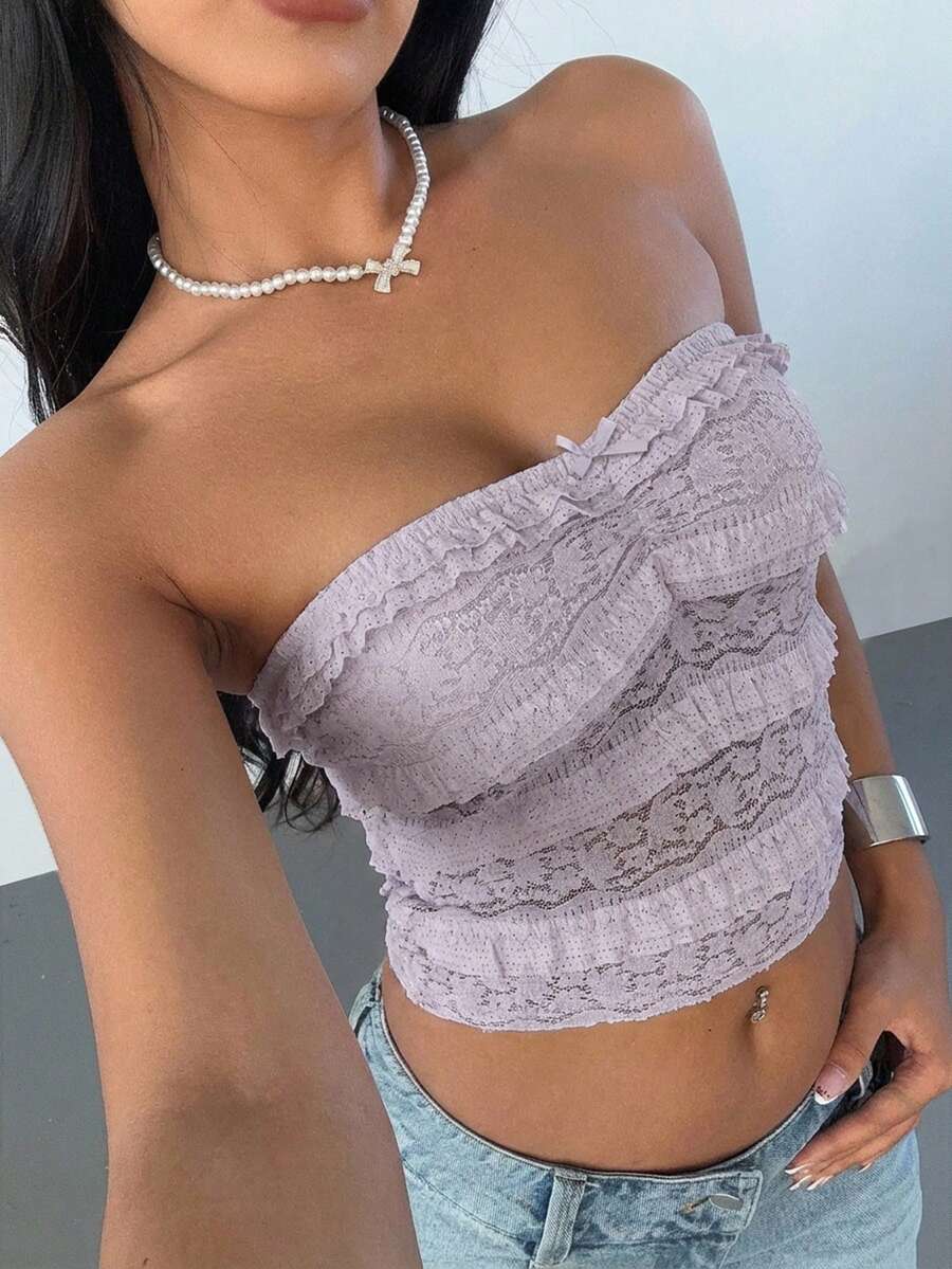 Aloruh Women's New Solid Color Elegant Romantic Lace Bow Ruffle Bust Ruched Bandeau Top,Summer Top - Lilac Purple - View 1