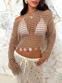 Firerie 女士优雅休闲镂空透视贝壳下摆宽松针织沙滩罩衫，适合春夏海滩度假 - 卡其色 - 查看 6