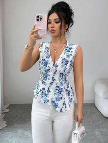 Elenzga 女士春夏新款复古碎花束腰金属扣装饰休闲/工作优雅无袖衬衫 - 藍白色 - 查看 3