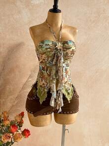 Soleia Camizolă asimetrică pentru femei cu tiv decorativ cu scoici, potrivită pentru vacanță la plajă, vară, sărbători, Paște, festivaluri de muzică, stil boho - Multicolor - Vizualizare 8