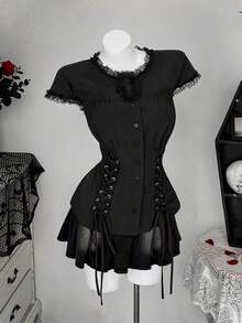 Áo sơ mi cỡ lớn phong cách Gothic tối màu thắt eo bên hông - màu đen - Xem 4