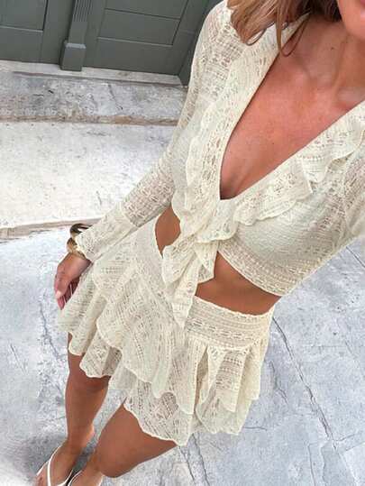 Swim Vcay Women's Special Fabric Deep V-Neck Long Sleeve Ruffle Hem Mesh Two Pieces Coverup