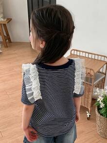 Dazy Kids Young Girl Casual Striped Round Neck Short Sleeve T-Shirt, Summer - Navy Blue - View 2