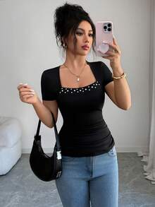 Elenzga Women's Elegant Black Square Neck Pearl Design Ruched Short Sleeve Fitted T-Shirt, Spring/Summer - Black - View 1