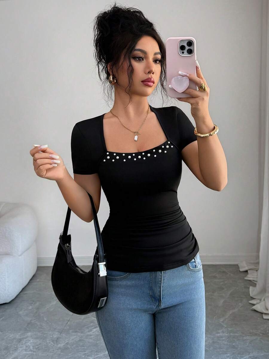 Elenzga Women's Elegant Black Square Neck Pearl Design Ruched Short Sleeve Fitted T-Shirt, Spring/Summer - Black - View 1