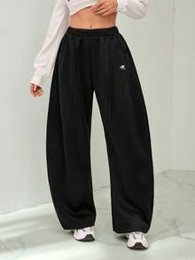 SHEIN Tall 女士秋冬街头风返校学院风休闲保暖舒适法式黑色弹力腰带弧形裤脚长裤，黑色长裤 - 黑色 - 查看 3