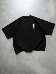 ROMWE MEN Men's Printed Short Sleeve T-Shirt, Loose Fit Spring/Summer - Black - View 3