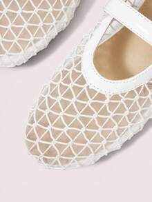 CUCCOO DOLLMOD Women Shoes White Geometric Mesh Mary Jane Flats, Gold Buckle, Breathable Fresh Commuter Dating Temperament Shoes - White - View 5