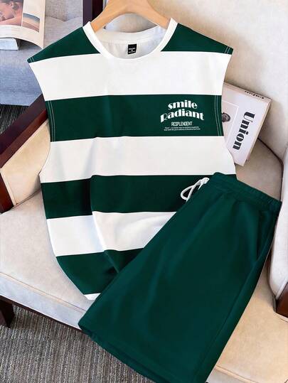 Manfinity Joysei Standard Size Men's Casual Green & White Striped Tank Top, Vest Set, Men's 2-Piece Outfit, Suitable For Summer Outings, Sports, Fitness