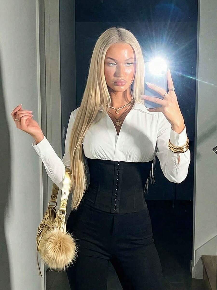 SHEIN ICON Camicia elegante da ufficio a maniche lunghe, con bottoni e vestibilità aderente, in colori a contrasto - Bianco e nero - Visualizzare 1