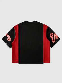 ROMWE MEN Street Life Camiseta de manga corta con parches y estampado para hombre, corte holgado - Negro - Ver 4