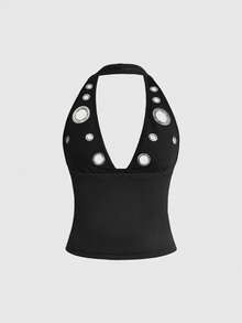 ROMWE Y2K性感V领露背金属孔眼音乐节派对女式背心 - 黑色 - 查看 2