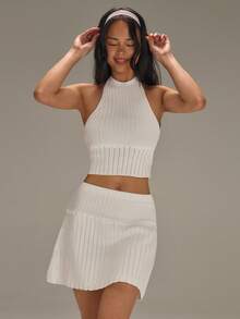 Athîral Women's Casual Vacation Sleeveless Off Shoulder Knitted Vest And Mini Skirt 2-Piece Set, Spring And Summer Wear, White Knitted Set, Date Party Wear, Youthful And Energetic Wear, Daily Wear, Cute And Lively Wear, Holiday Wear - White - View 4