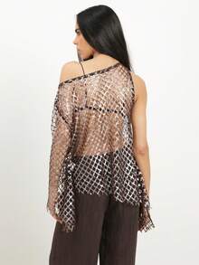 KSTM 女士不对称单肩亮片网纱上衣，饰有金属菱形网格图案和垂褶袖，适合派对俱乐部活动 - 棕色 - 查看 2