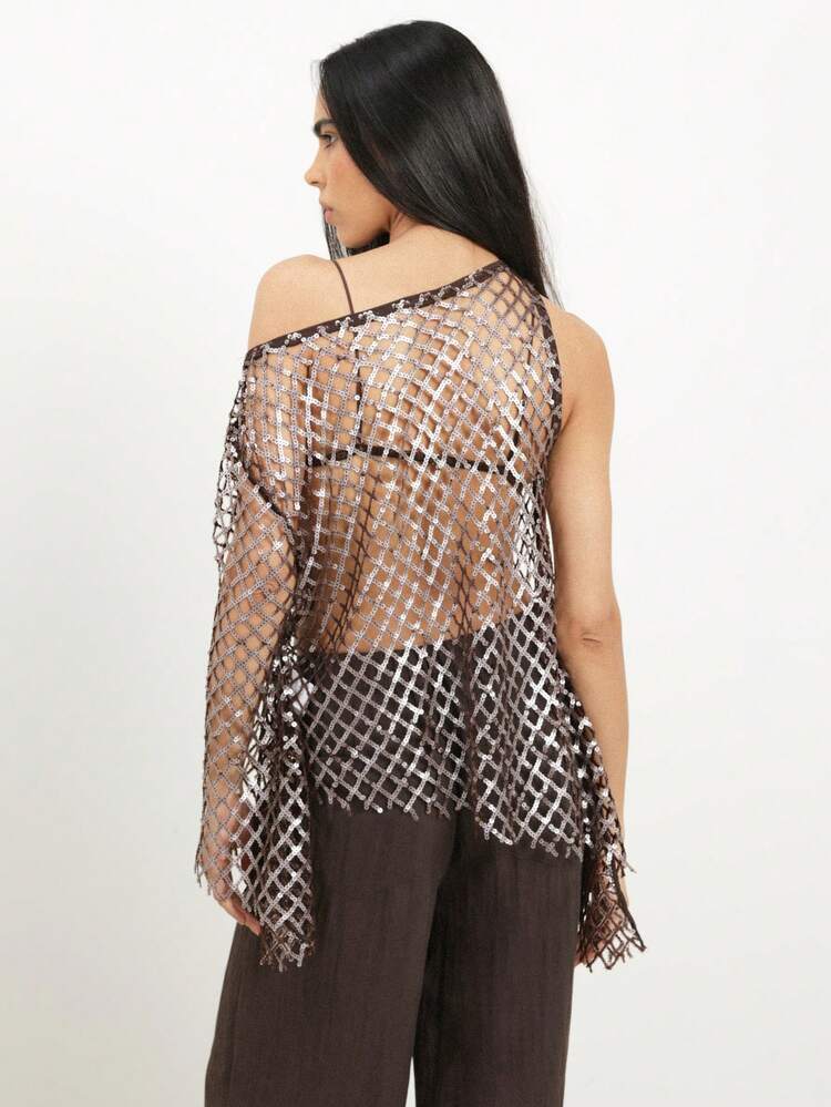 KSTM Women's Asymmetric One Shoulder Sequin Mesh Top With Metallic Diamond Grid Pattern And Draped Sleeves For Party Club Events