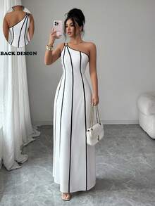 SHEIN Elenzya 女士优雅无袖黑白条纹连衣裙，休闲沙滩度假约会日常穿着 - 黑與白 - 查看 1