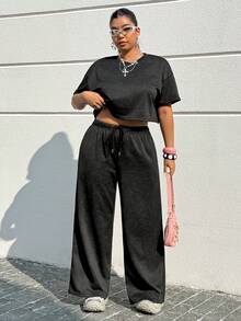 Muchica 大码女式圆领短袖露脐T恤和阔腿裤休闲两件套 - 黑色 - 查看 5