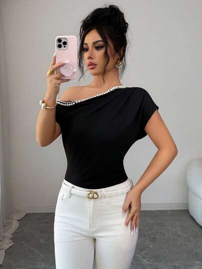 Elenzga Women's Casual Asymmetric Neck Bubble Pearl Embellished Short Sleeve T-Shirt, Elegant And Romantic For Summer Outings, Dates, New Year, Valentine's Day, Easter, Mother's Day, Music Festivals, Middle Eastern Weddings
