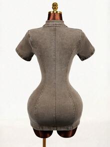 Mistrie Women's Short Sleeve Zip Front Fitted Casual Denim Dress - Brown - View 2