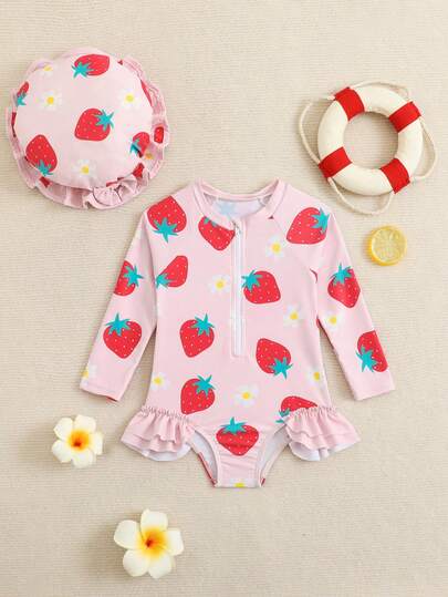 SHEIN GraphicGems Baby Girls' Strawberry & Daisy Print Rash Guard Swimsuit, Long Sleeve One-Piece With Front Zipper, Ruffle Hem, Bow Decor, Soft Stretchy Fabric, Suitable For Infant/Baby GirlSwimming, Beach, Pool, Summer Vacation