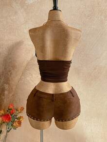 Soleia New Metallic Accent Knit Halter Neck Top, Suitable For Holiday, Date, Afternoon Tea, Beach, Cruise, Road Trip, Music Festival, Boho Vacation - Brown - View 2