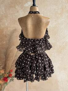 Soleia Women's Polka Dot Pattern Layered Ruffle Trim Halter Neck Crop Top, Vacation Style - Coffee Brown - View 2