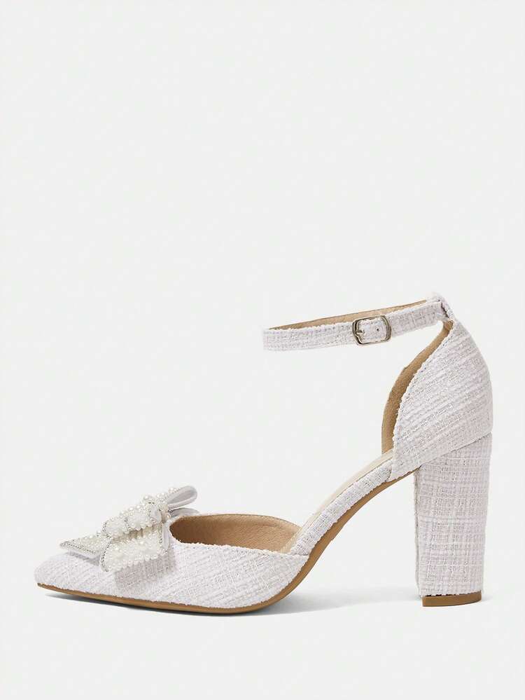 CUCCOO HITCHD Women Shoes Summer And Summer Faux Pearl Bow Pointed Thick Heel 9.5cm Women's High Heel Shoes Solid Color Dating Wedding Versatile Not Tired Feet Temperament Elegant And Skinny Fashion New Summer Shoes Wedding Shoes Bride Shoes