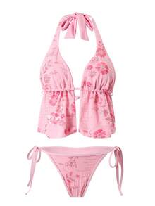 Bonvoyette 3pcs Fashionable Sexy Sequin Embroidered Tankini Swimsuit Cover Up & Skirt Set - Pink - View 5