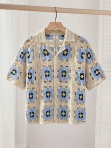 Manfinity Unisex Men's Crochet Hollow Out Short Sleeve Single-Breasted Knit Top - Blue - View 6