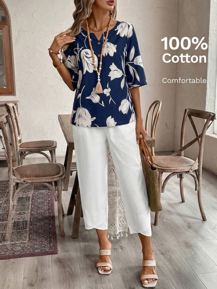 EMERY ROSE Bộ áo sơ mi và quần lửng in họa tiết hoa dành cho nữ - Màu xanh hải quân - Xem 1
