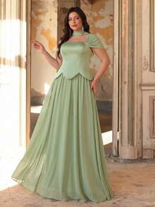 Aureia 大码优雅奢华绿色方领垂袖弹力针织缎面褶皱吊带长裙，适合婚礼、活动、单身派对、度假、舞会、伴娘等场合（精致设计） - 綠色 - 查看 5