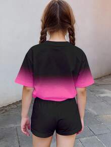 渐变粉色，韩式卡通女孩外出装，K-Pop，可爱卡通女孩组合爱心星星印花图案，少女休闲简约短袖短裤两件套，适合夏季，可爱夏季外出装，夏季单品，夏季外出装备，韩式风格，返校季，轻松舒适又时尚，春夏外出装，休闲装，婴儿印花上衣，夏季新款，春夏时尚 - 彩色 - 查看 2