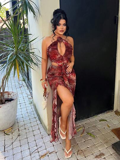 SHEIN SXY Leopard Print Sexy Beach Sarong,Ruffle,Summer ,Spring ,Vacation,Beach,Floral Dresses For Women ,Party ,Leopard Print ,Cheetah Print