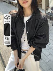 FRIFUL 女士落肩长袖单排扣休闲牛仔外套 - 黑色 - 查看 1