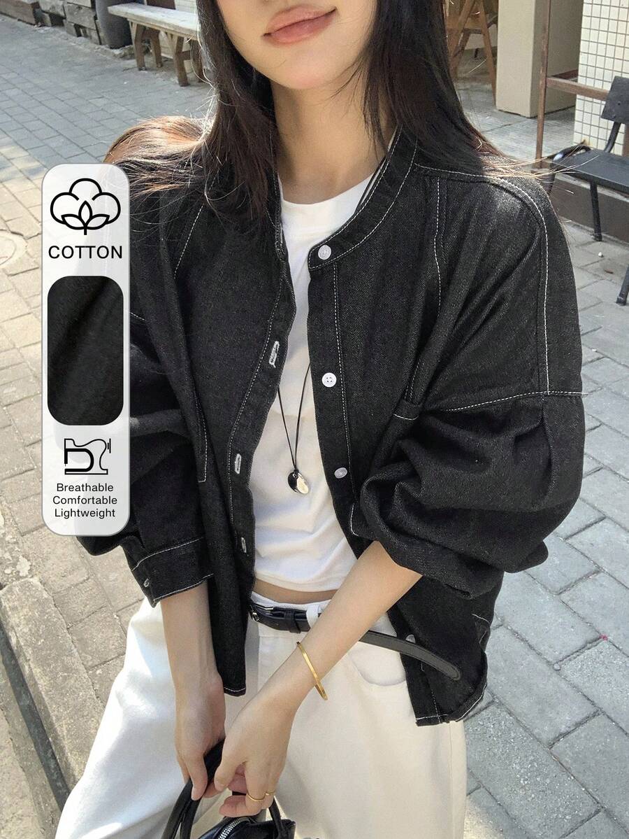 FRIFUL 女士落肩长袖单排扣休闲牛仔外套 - 黑色 - 查看 1