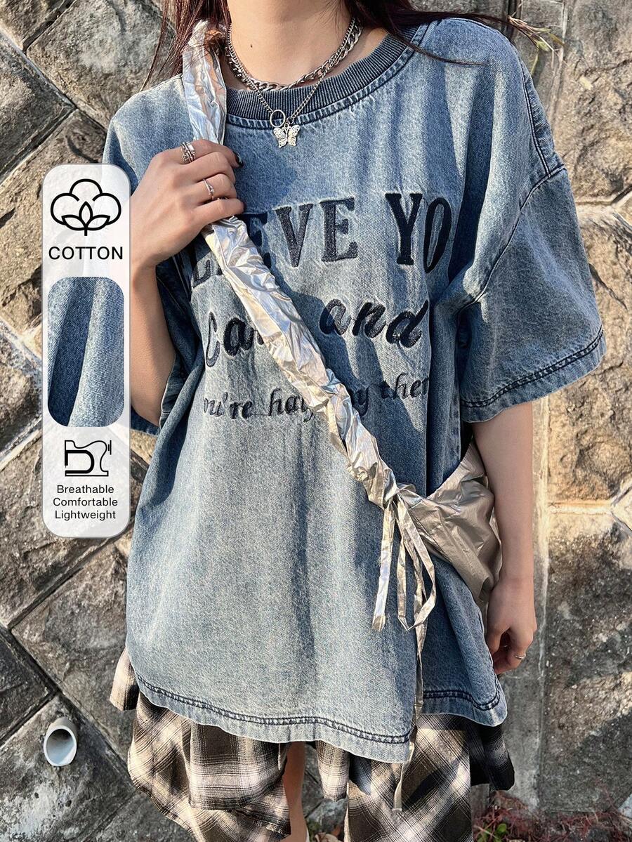 FRIFUL Women's Casual Vacation Fashion Street Slogan Embroidery Loose Denim Blouse, Suitable For Daily Commute Summer - Blue - View 1