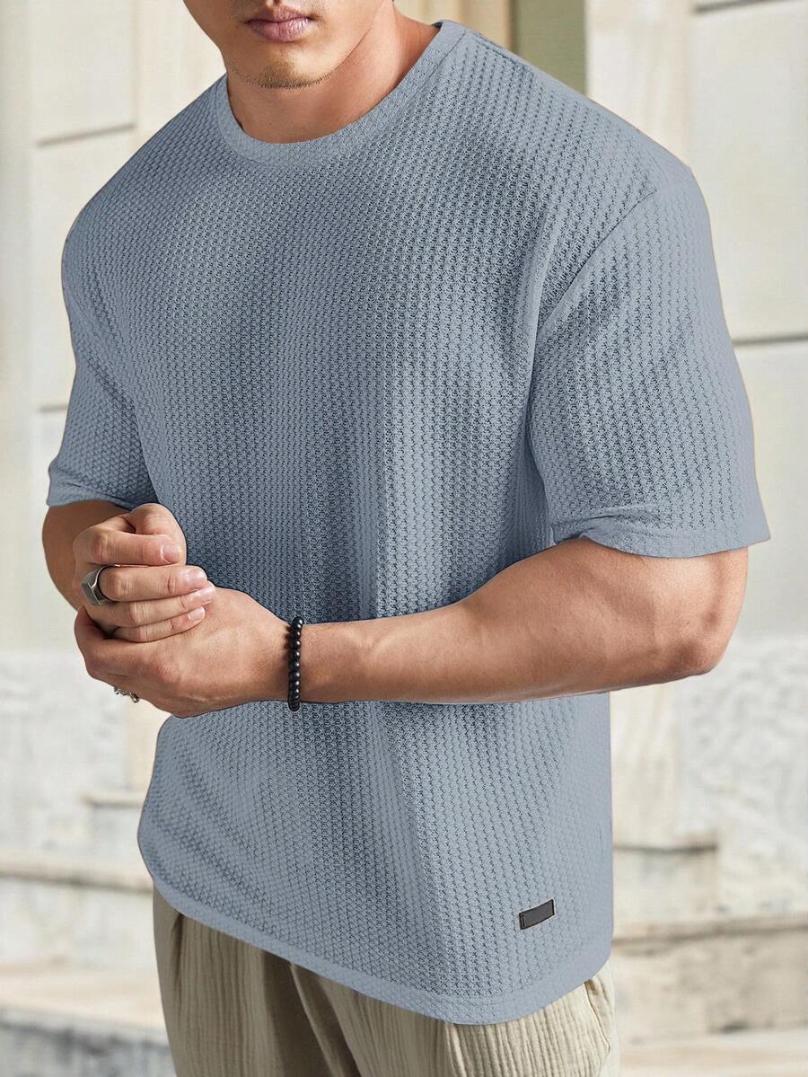 EASEVO Camiseta de manga corta de unicolor casual para hombres de talla grande, verano - Celeste - Ver 1