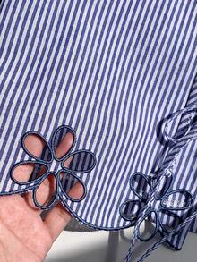 Comfortcana Women's Vacation Casual Striped Hollow Embroidery Lace-Up Blouse - Blue - View 3