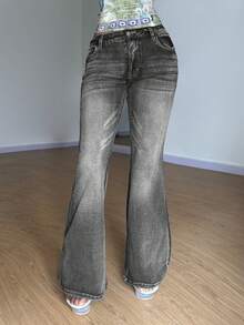 StreetHx Women's Retro Leopard Print Embroidered Flare Jeans - Black - View 2