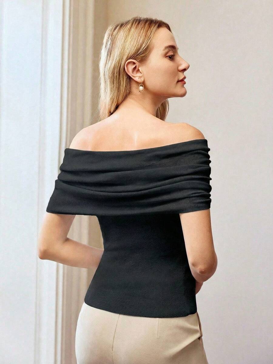 MOTF PREMIUM OFF THE SHOULDER RUCHED KNIT TOP - Black - View 2