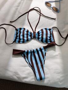 Bonvoyette Set di costumi da bagno a due pezzi, con stampa a righe colorate, stile fascia con laccetti, look sexy, adatto per le vacanze estive - Multicolore - Visualizzare 5