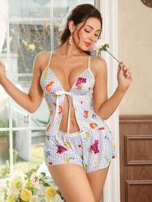 两件套格子水果缎面吊带背心，田园浪漫可爱女士睡衣套装 - 藍色 - 查看 4