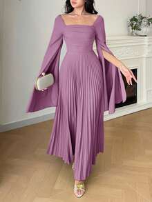 Modelyn Vestido de mujer de unicolor con cintura fruncida y abertura lateral, elegante para fiestas y eventos - Rosa vieja - Ver 9