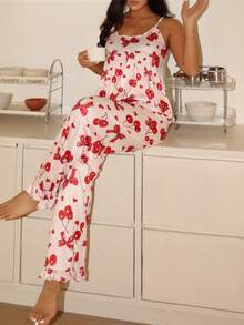 樱桃印花吊带背心和裤子睡衣套装（女士） - 粉色 - 查看 4