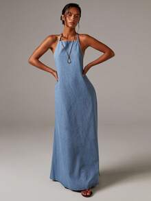 Plus Size Women's Casual Backless Denim Dress, Suitable For Summer Summer Dress Spring Dress Spring Clothes Women Festival Outfits For Women Party Dresses For Women Beach Dresses Beach Dresses For Women Graduation Dresses Elegant Dresses For Women Elegant Dresses For Ladies Casual Dress Vacation Outfits Women Summer Holiday Outfits Vacation Dresses Beach Vacation Outfits For Women Blue Dress Women's Sleeveless Halter Neck Denim Maxi Dress With Pockets For Casual Summer Style - 中等水洗 - 查看 3