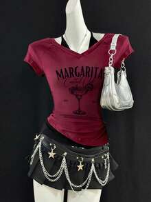 Attitoon Áo thun nữ tay ngắn cổ chữ V buộc dây kiểu retro thường ngày, thích hợp cho kỳ nghỉ hè, tiệc cocktail, du lịch, in chữ tiếng Anh, phối màu tương phản. - Nhiều màu - Xem 8