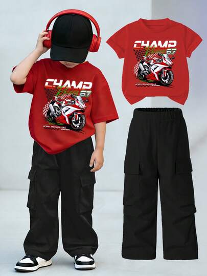 2pcs/Set Boys' Outfit - Black Drawstring Cargo Pants + Red Short Sleeve Motorcycle Graphic Tee, Casual Streetwear, Comfortable Daily Wear