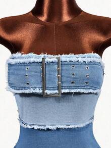 Mistrie Women's Denim Extra Long High Slit Dress - Blue - View 4