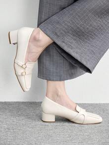 CUCCOO BIZCHIC Women's Fashion Chunky Heel Loafers, Metal Buckle Square Toe Shoes - Beige - View 8