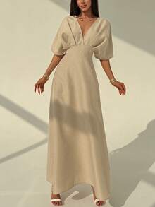 Aloruh Đầm chữ A cổ chữ V sâu, xếp ly eo dành cho nữ - Màu Khaki - Xem 4